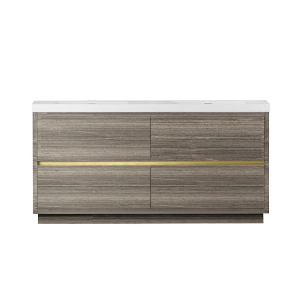 Boosicavelly 71 in. W x 20 in. D x 35 in. H Double Sink Freestanding Bath Vanity in Grey Ash with White Resin Top