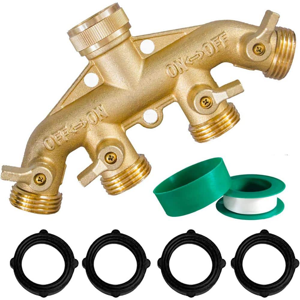 Brass Garden Hose Splitter (4 Way), Solid Brass Hose Connector 3/4, Hose