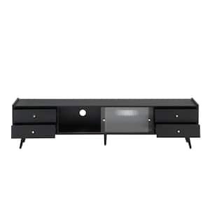 67 in. W x 13.7 in. D x 16.7 in. H Black Wood TV Stand Linen Cabinet with 4 Drawers and 2 Fluted Glass Doors