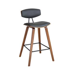 Fox 26 in. Mid-Century Counter Height Bar Stool in Gray Faux Leather with Walnut Wood