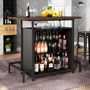 Walter 47.3 in. Vintage Brown Wood Home Bar Unit, 3-Tier Liquor Bar Table with Glasses Holder and Metal Footrail