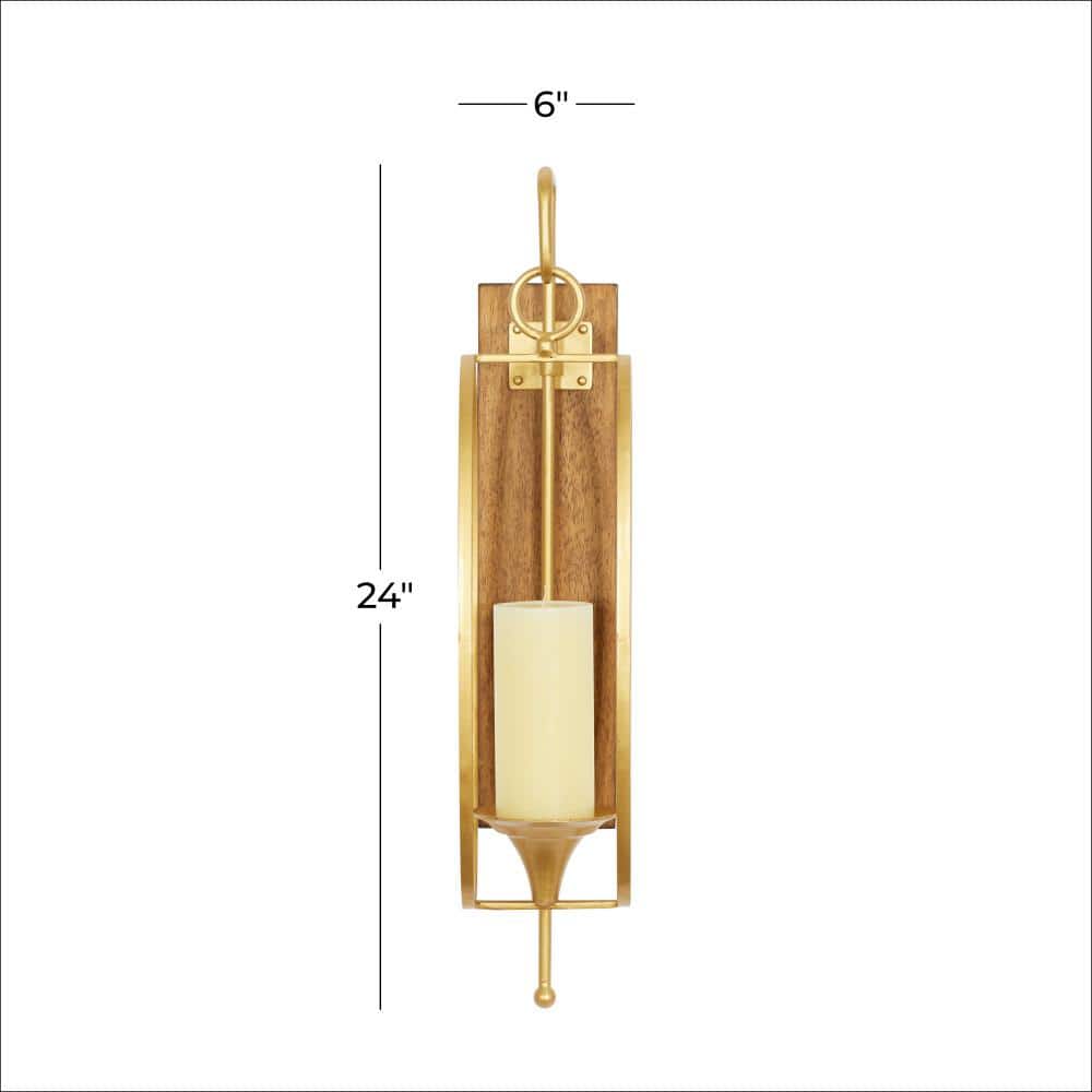 Tall Rustic Wood and Gold Metal Pillar Candle Lantern