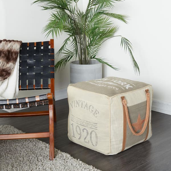 Litton Lane 19 in. Cream Canvas with Leather Handles Pouf