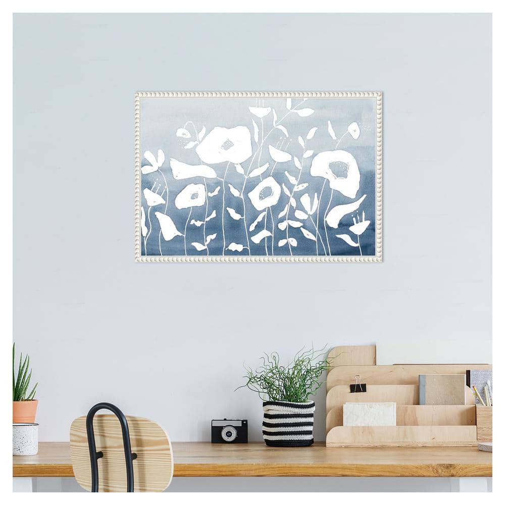 Blue and White Floral Garden Beaded Framed Canvas Wall Art