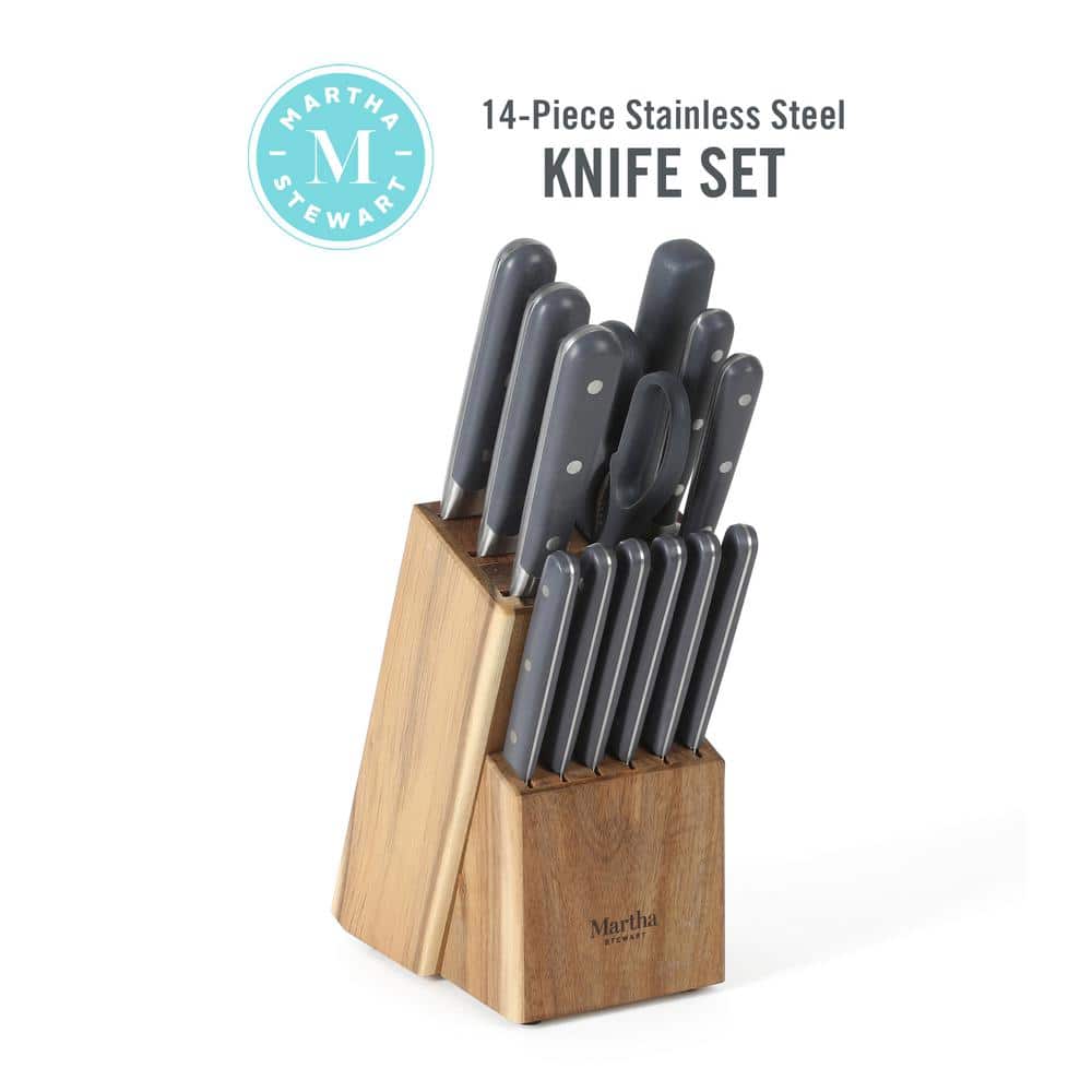 Gray 14-Piece Stainless Steel Cutlery Set with Acacia Wood Block
