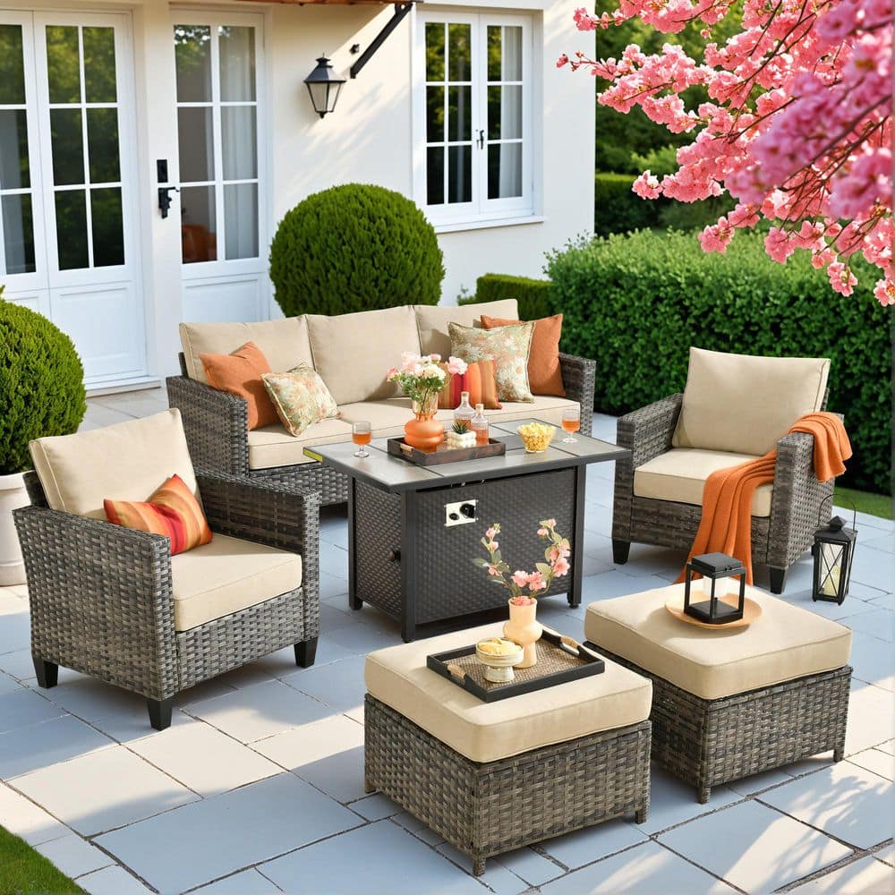 Daphne 6-Piece Wicker Outdoor Patio Conversation Sofa Seating Chair Set with Metal Fire Pit and Beige Cushions price history on PriceWatchPro