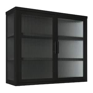 27.60 in. W x 9.10 in. D x 23.60 in. H Double Glass Door Bathroom Storage Wall Cabinet in Black with Detachable Shelves