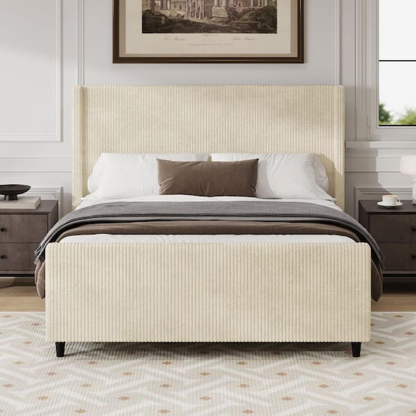 Cream/White Wood Frame Queen Size Platform Bed with Vertical Stripe Wingback and High Footboard