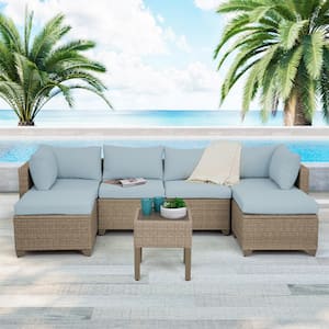 Maui 7-Piece Wicker Patio Conversation Set with Sky Blue Cushions