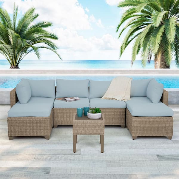 TK CLASSICS Maui 7-Piece Wicker Patio Conversation Set with Sky Blue Cushions