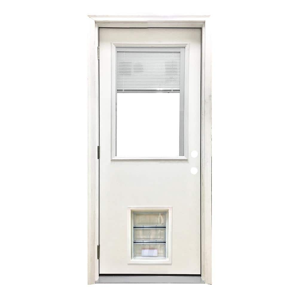 Steves & Sons 32 in. x 80 in. Reliant Series Clear Mini-Blind RHOS White Primed Fiberglass Prehung Front Door with Large Pet Door