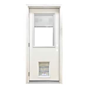 32 in. x 80 in. Reliant Series Clear Mini-Blind RHOS White Primed Fiberglass Prehung Front Door with Large Pet Door