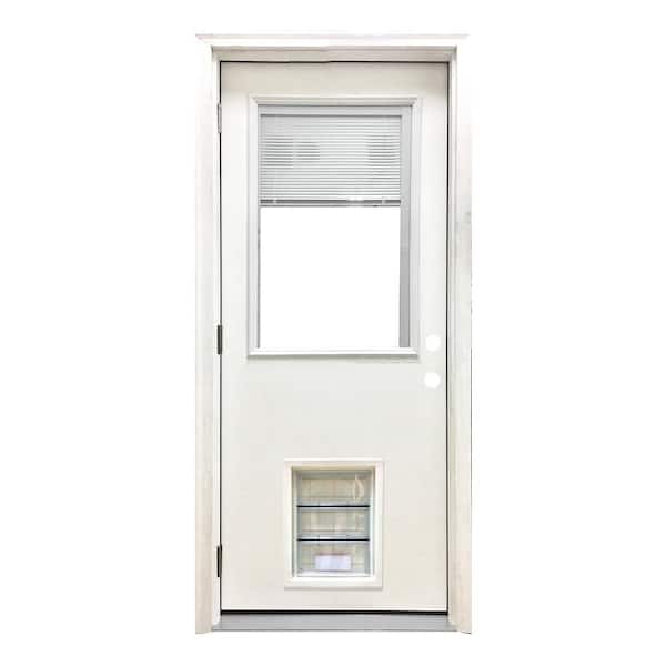 Steves & Sons 36 in. x 80 in. Reliant Series Clear Mini-Blind RHOS White Primed Fiberglass Prehung Front Door with Large Pet Door
