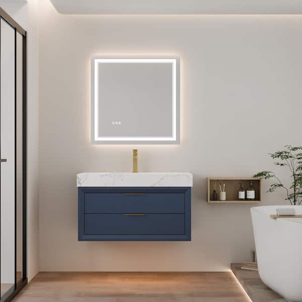 Wenlorin 36 in. Single Sink Floating Blue Bath Vanity with White Engineered Marble Top Pre-Assembled