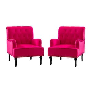 Enrica Fuchsia Tufted Comfy Velvet Armchair with Nailhead Trim and Rubberwood Legs (Set of 2)