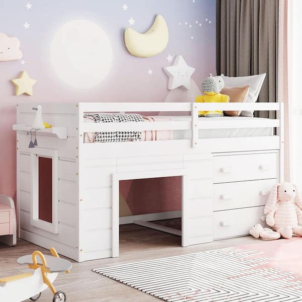 White Twin Size Low Loft Bed with 3 Large Drawers, Wooden Kids Loft Bed Frame with Cabinet and Shelf, Twin Kids Loft Bed
