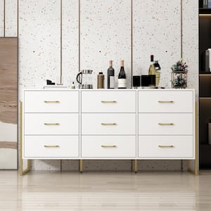 White and Golden 9-Drawers 61.4 in. Width Wooden Dresser without Mirror, Chest of Drawers, Storage Cabinet