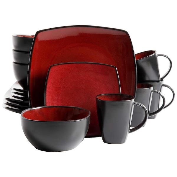 GIBSON elite Amalfi 16 Piece Soft Square Stoneware Dinnerware Service Set For 4 in Red