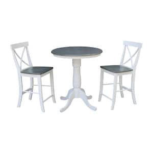 Hampton 3-Piece 30 in. White/Heather Gray Round Solid Wood Counter Height Dining Set with X-Back Stools