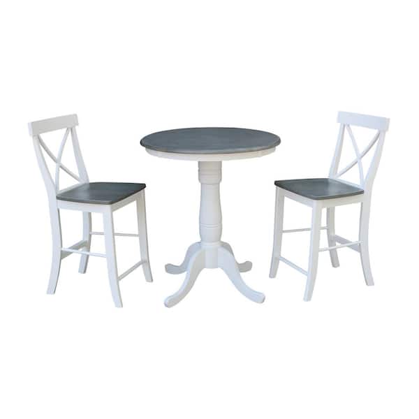 International Concepts Hampton 3-Piece 30 in. White/Heather Gray Round Solid Wood Counter Height Dining Set with X-Back Stools