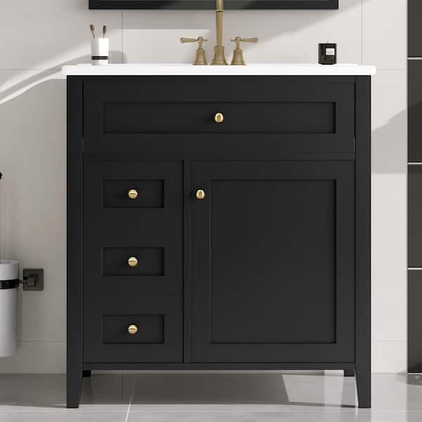 30 in. Single Sink Freestanding Black Bath Vanity with White Ceramic Top - Adjustable Shelf, Soft-Close