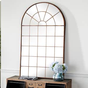 56 in. x 34 in. Window Pane Inspired Arched Framed Brown Wall Mirror with Arched Top