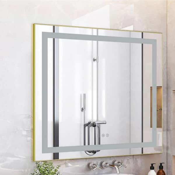 30 in. W x 30 in. H Square Aluminum Framed Backlit and Front Light LED Wall Bathroom Vanity Mirror in Brushed Gold