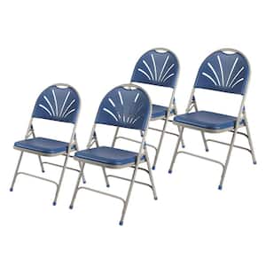 Lusitano Fan Back Blue Plastic Card Table Folding Chair With Hard Plastic Seat, Grey Metal Frame (Pack of 4)