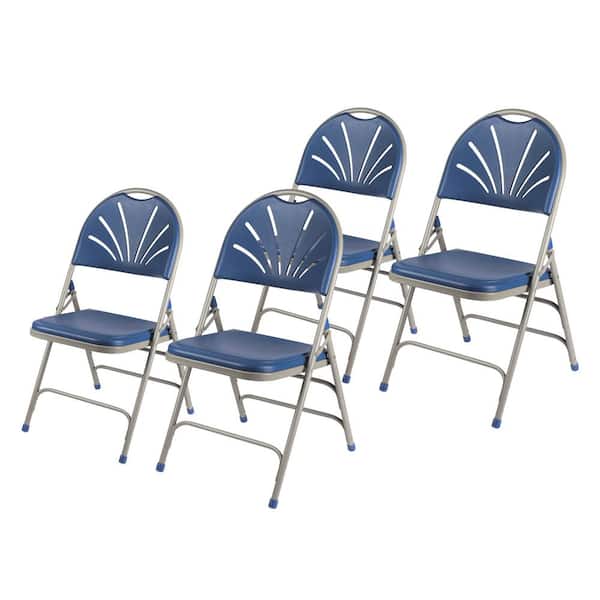 HAMPDEN FURNISHINGS Lusitano Fan Back Blue Plastic Card Table Folding Chair With Hard Plastic Seat, Grey Metal Frame (Pack of 4)