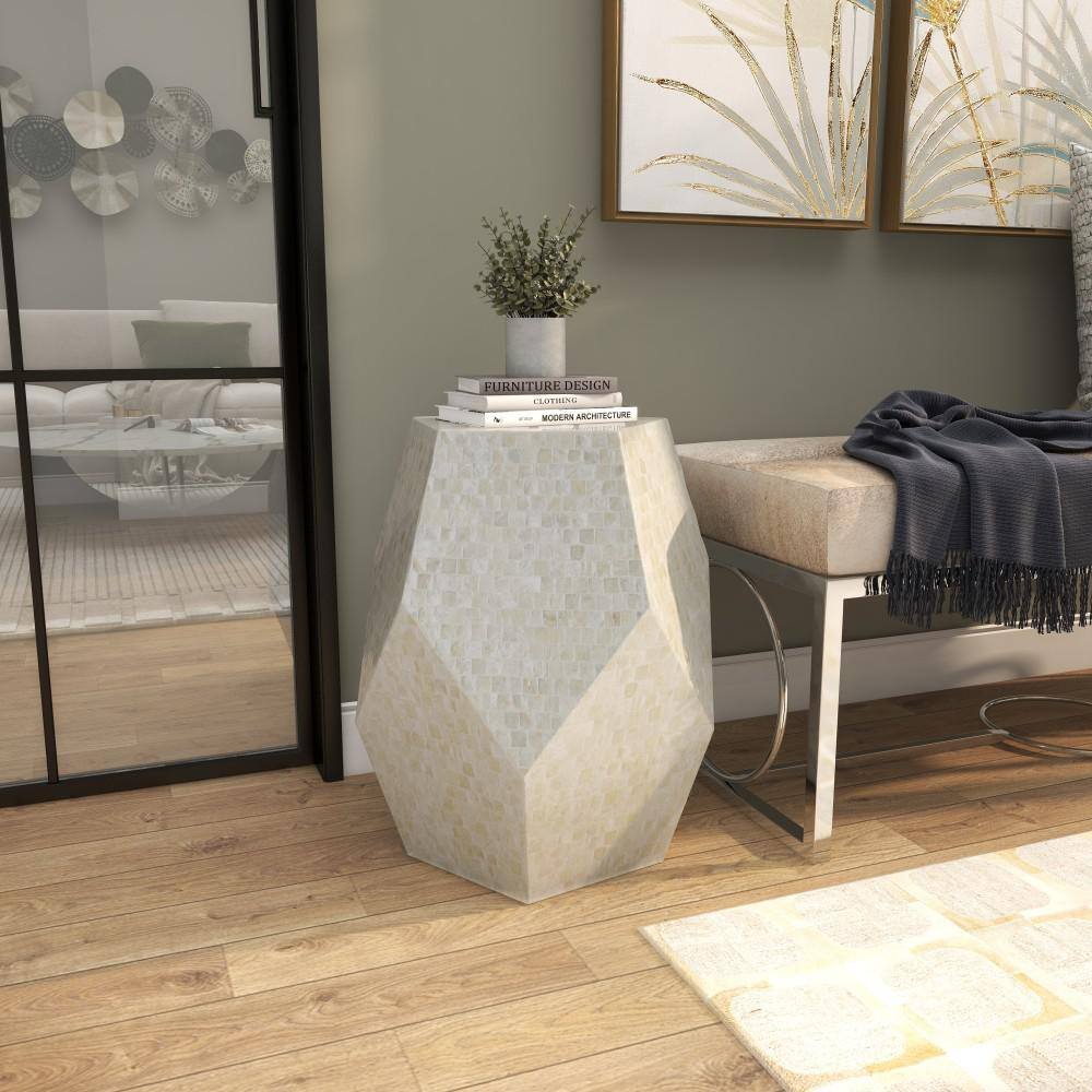 Elegant Cream Mosaic Shell & Wood Round Accent Table