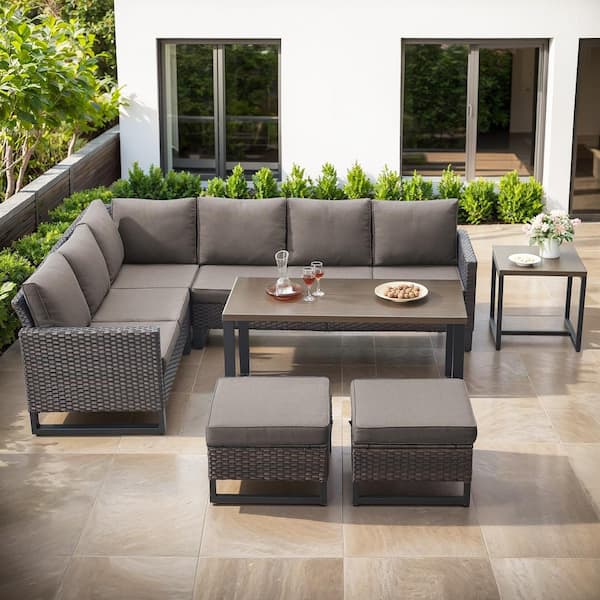 Pocassy U-Series 7-Piece Outdoor Brown Wicker Sofa PE Rattan Wicker Patio Conversation Set with CushionGuard Cushions (Gray)