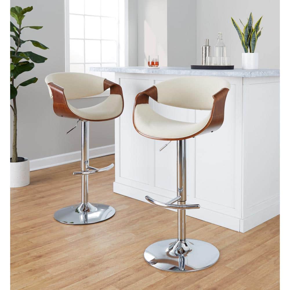 Beige Adjustable Swivel Barstool with Walnut Armrests and Chrome Footrest