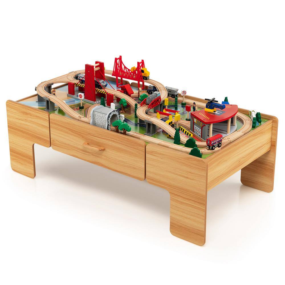 Costway Kids Wooden Train Set and Double-Sided Table Playset with