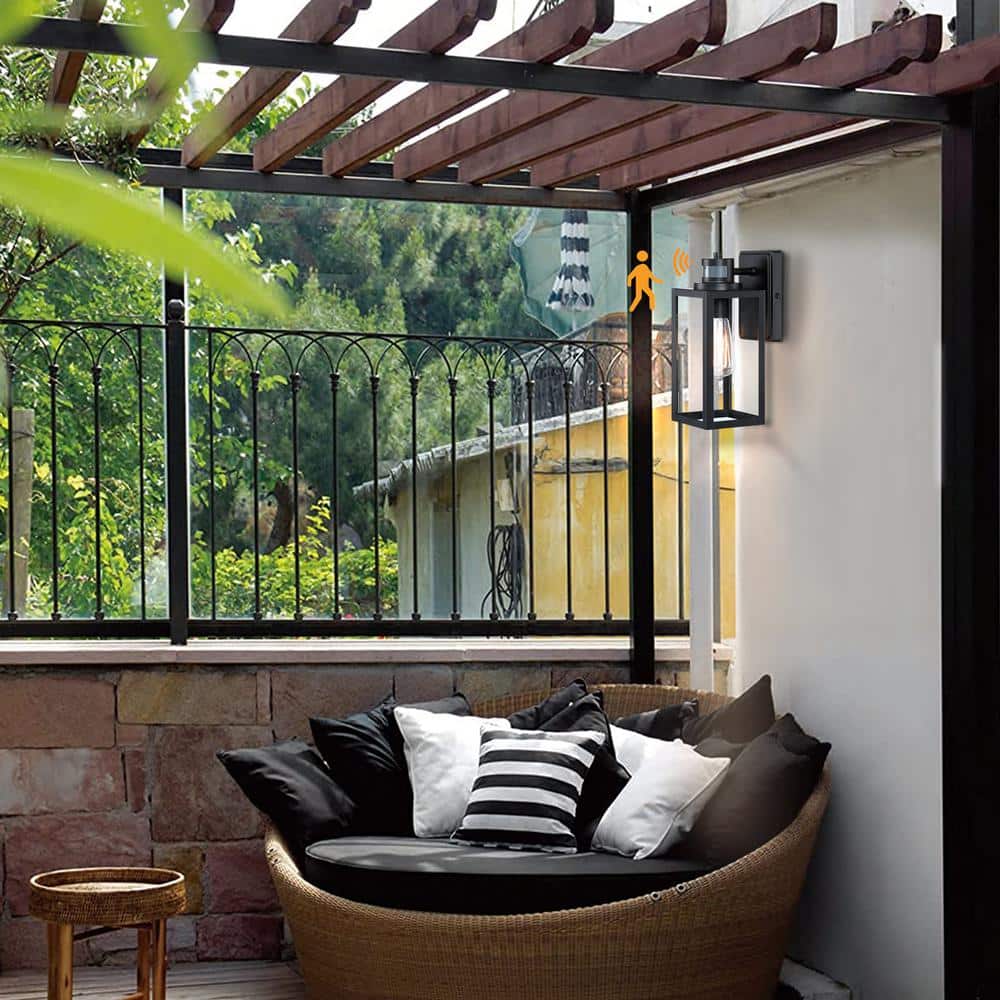 12 in. Matte Black Motion Sensing Outdoor Lantern Sconce