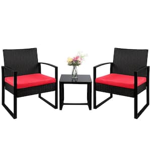 Black 3-Piece Patio Sets Steel Outdoor Wicker Patio Furniture Sets Outdoor Bistro Set with Red Cushion