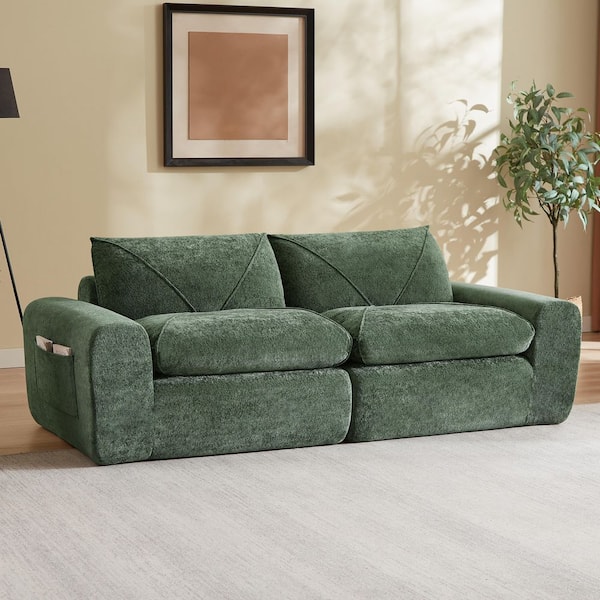 Modern Minimalist 85.8 in. Chenille Upholstery Rolled Arm Rectangle Compressed Sofa in Green with Side Pockets