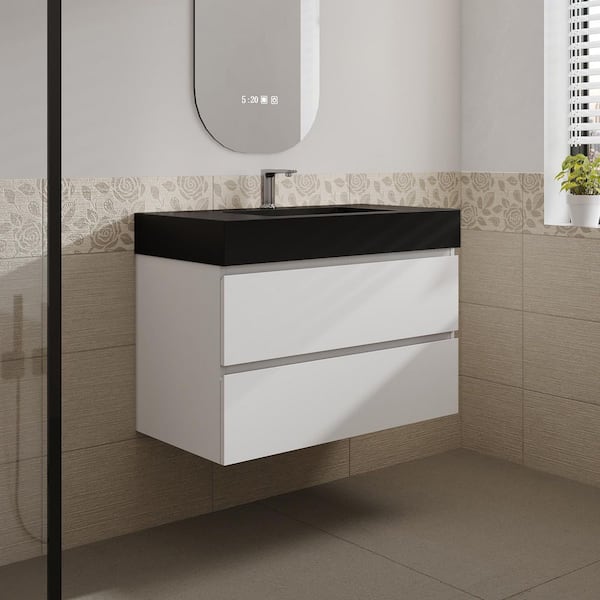 MEDUNJESS Aaby 36 in. W x 18 in. D x 25 in. H Wall Mounted Floating Bath Vanity Cabinet in White with Black Quartz Top and Sink