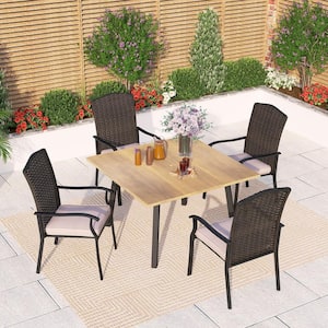 Black 5-Piece Metal Patio Outdoor Dining Set with Wood-Look Square Table and Fan-Shaped Backrest Rattan Cushioned Chairs