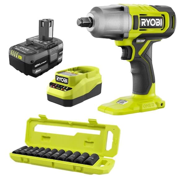ONE+ 18V Cordless 1/2 in. Impact Wrench Kit with 4.0 Ah Battery with 1/2 in Metric Deep Impact Socket Set (11-Piece)