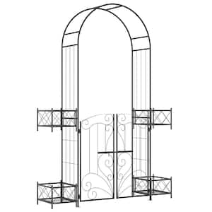 84 in. Metal Garden Arch Trellis with Gate, 4 Planter Boxes for Climbing Vines, Wedding Ceremony Decoration, Black