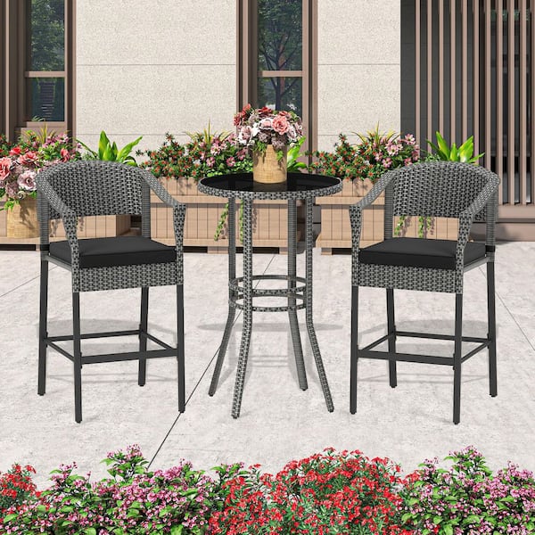 3-Piece Wicker Outdoor Serving Bar Set with Black Cushion
