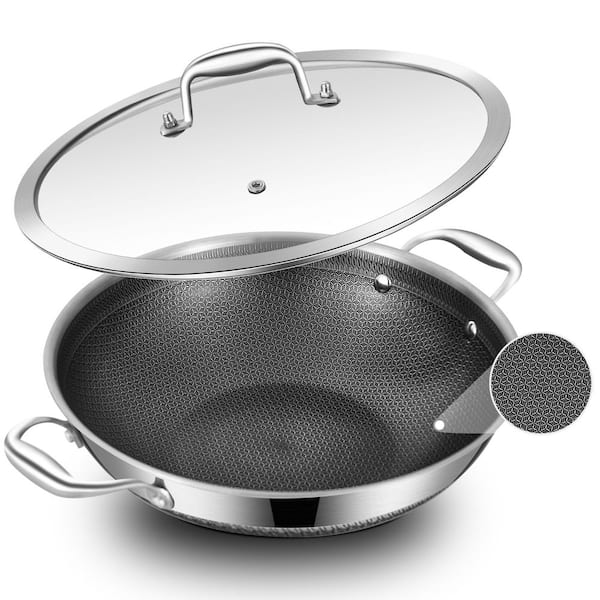 Hybrid Tri-Ply Stainless Steel Wok Pan 12  in. Ceramic Nonstick Finish Induction Compatible Dishwasher Safe
