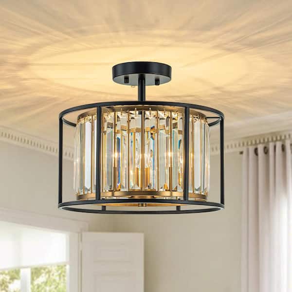 13.98 In. 3-Light Matte Black Modern Crystal Semi Flush Mount Ceiling Light Fixture With Cage Frame and No Bulb Included