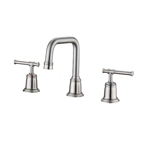 Lukvuzo 8 in. Widespread Double Handle High Arc Bathroom Faucet With Drain Assembly Brushed Nickel
