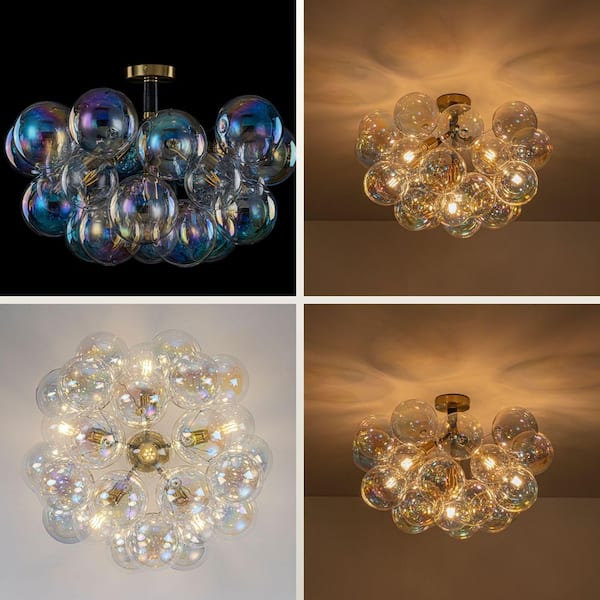 Alma 6-Light 24.8 in.W Brass and Black Semi Flush Mount Chandelier with Rainbow Glass and LED Bulb Included for Kitchen