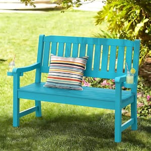 Sky Blue 2-Person Plastic Outdoor Bench with Cup Holder All-Weather HDPS Garden Bench Waterproof for Backyard