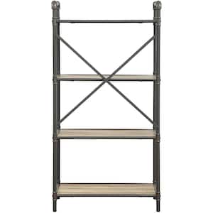 49 in. Antique Oak and Sandy Gray Metal 4-Shelf Standard Bookcase with Open Back
