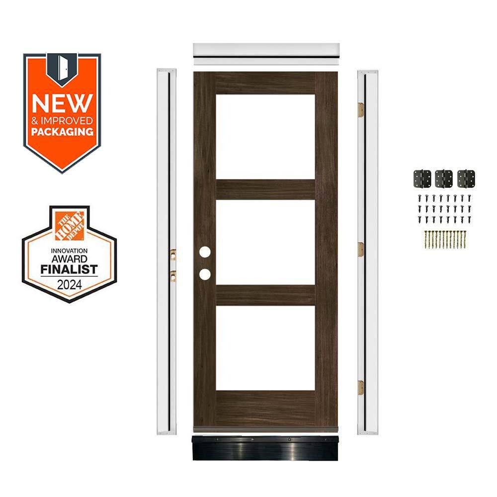 DIY 36 in. x 80 in. Modern Hemlock RightHand 3-Lite Clear Glass Black Stain Wood Front Doo Kit w/ Quick Assemble Jamb price history on PriceWatchPro