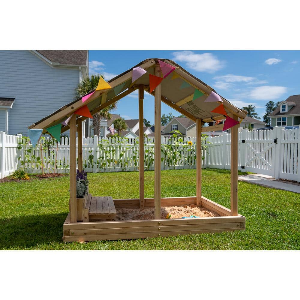 Funphix Wooden Sandbox Playhouse with Bench and Planter
