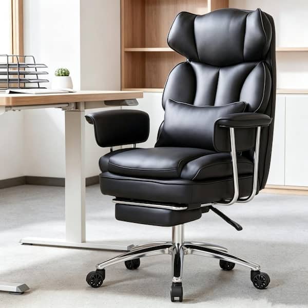 Big Tall PU Leather Reclining High Back Executive Chair in Black with Footrest and Lumbar Support with Adjustable Arms